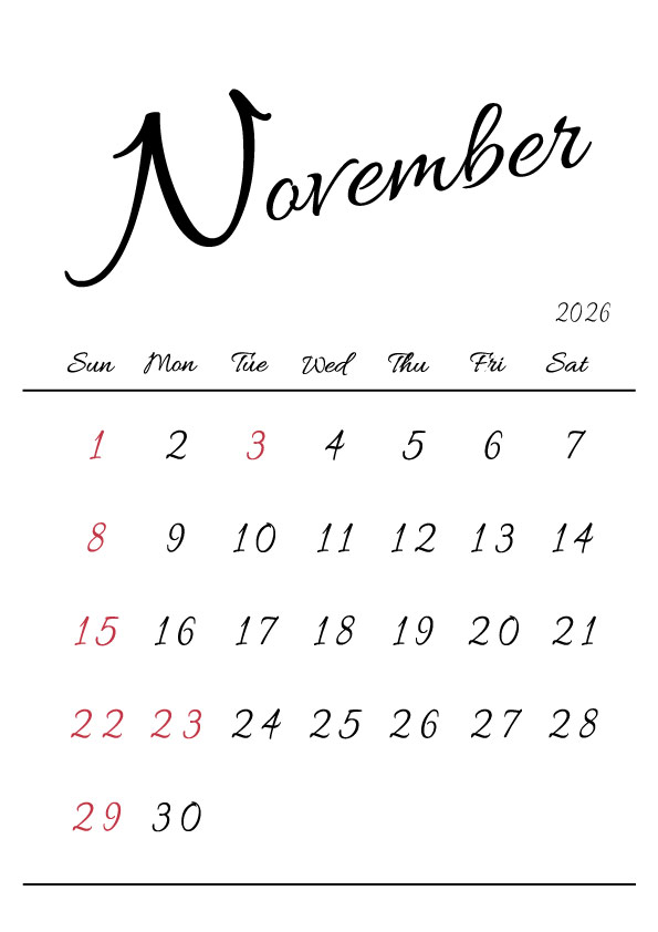 2026年令和8年シンプルでおしゃれな年間カレンダー