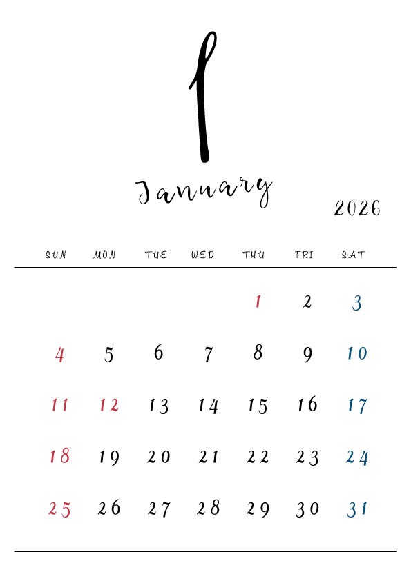 2026年令和8年シンプルでおしゃれな年間カレンダー