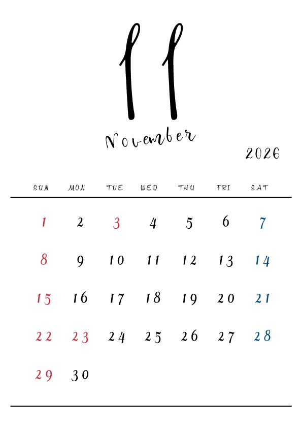 2026年令和8年シンプルでおしゃれな年間カレンダー