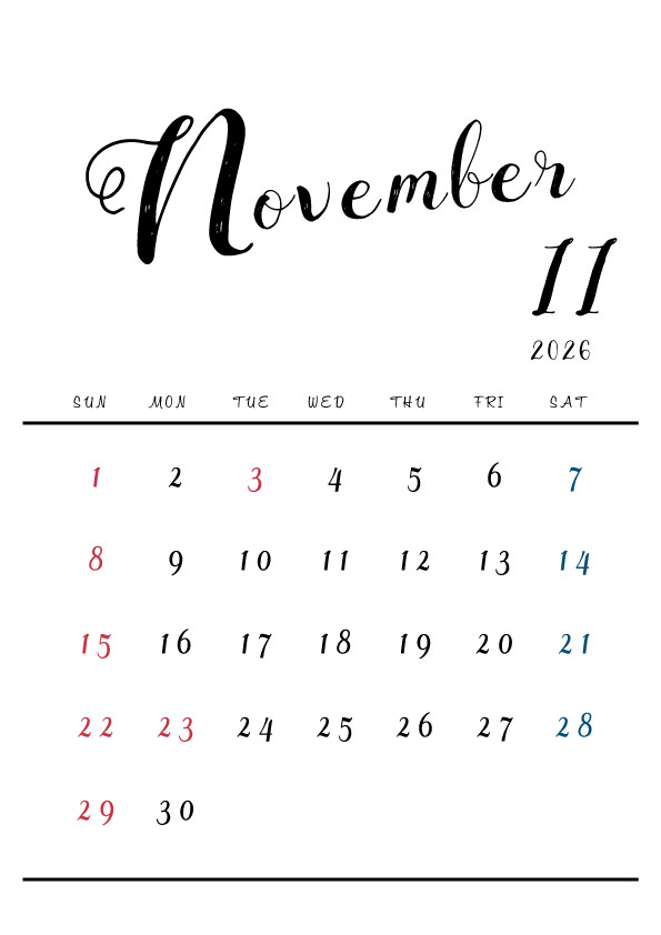 2026年令和8年シンプルでおしゃれな年間カレンダー