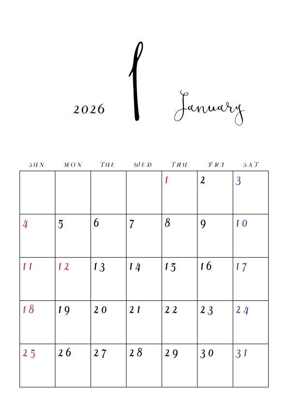 2026年令和8年シンプルでおしゃれな年間カレンダー