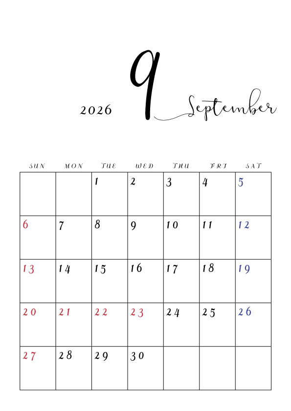 2026年令和8年シンプルでおしゃれな年間カレンダー