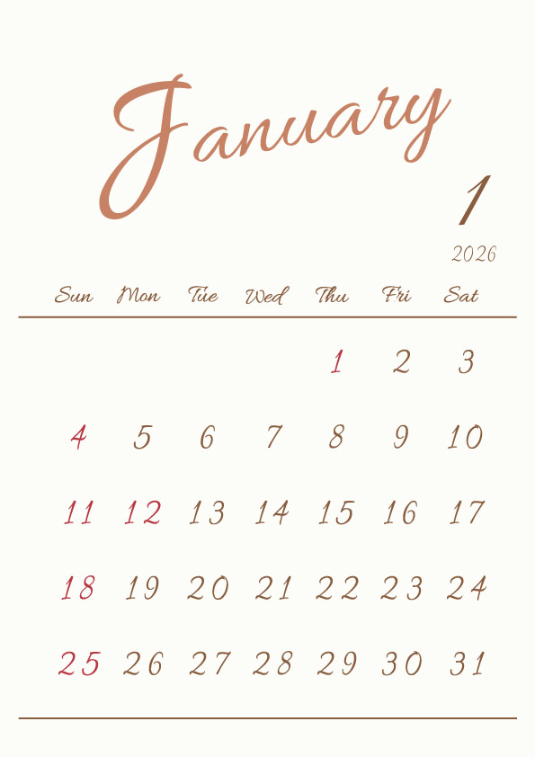 2026年令和8年シンプルでおしゃれな年間カレンダー