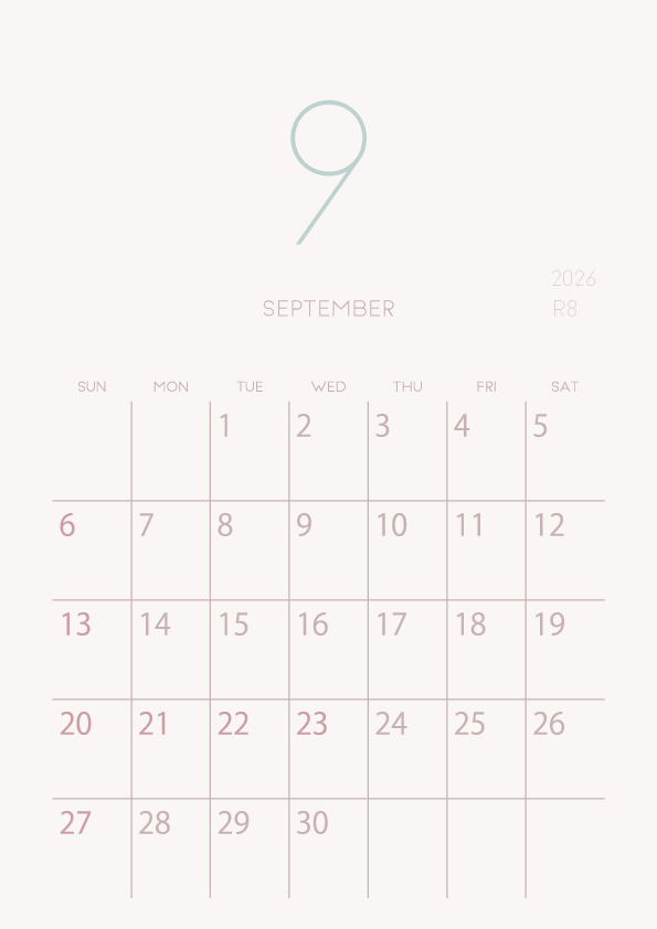 2026年令和8年シンプルでおしゃれな年間カレンダー