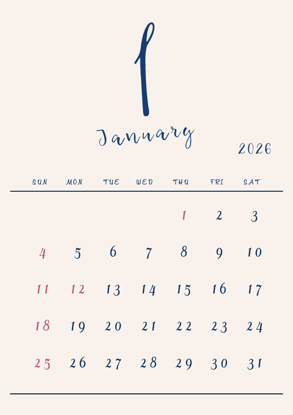 2026年令和8年シンプルでおしゃれな年間カレンダー