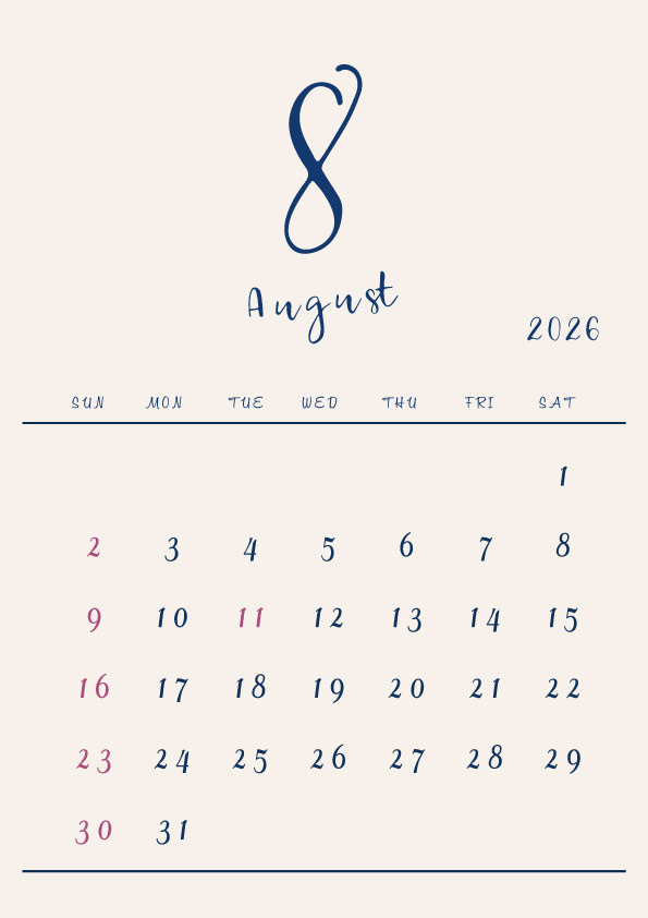 2026年令和8年シンプルでおしゃれな年間カレンダー