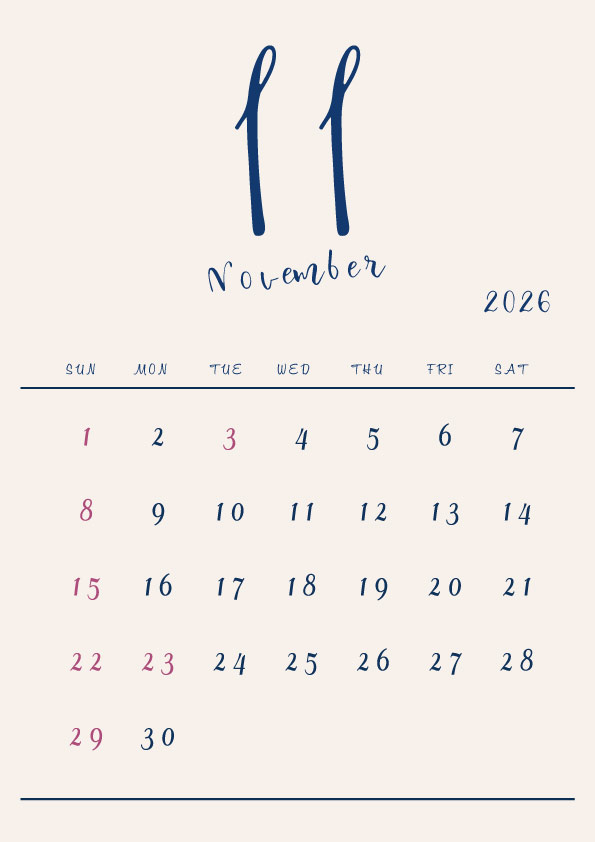 2026年令和8年シンプルでおしゃれな年間カレンダー