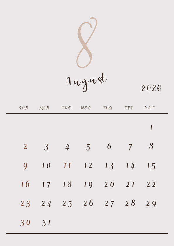 2026年令和8年シンプルでおしゃれな年間カレンダー