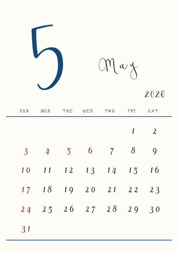 2026年令和8年シンプルでおしゃれな年間カレンダー