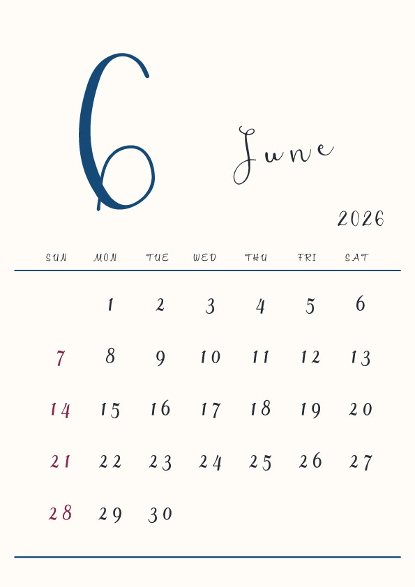 2026年令和8年シンプルでおしゃれな年間カレンダー