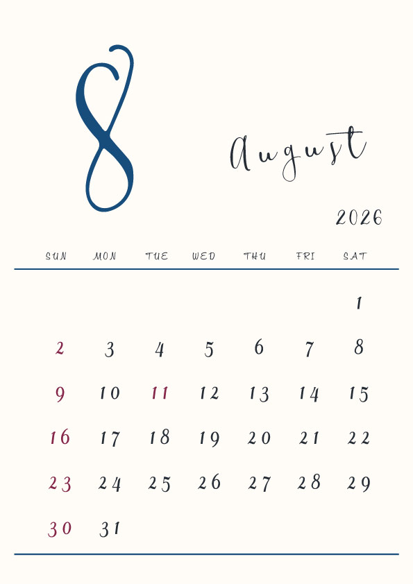 2026年令和8年シンプルでおしゃれな年間カレンダー