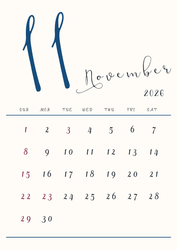 2026年令和8年シンプルでおしゃれな年間カレンダー