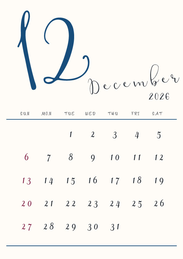 2026年令和8年シンプルでおしゃれな年間カレンダー