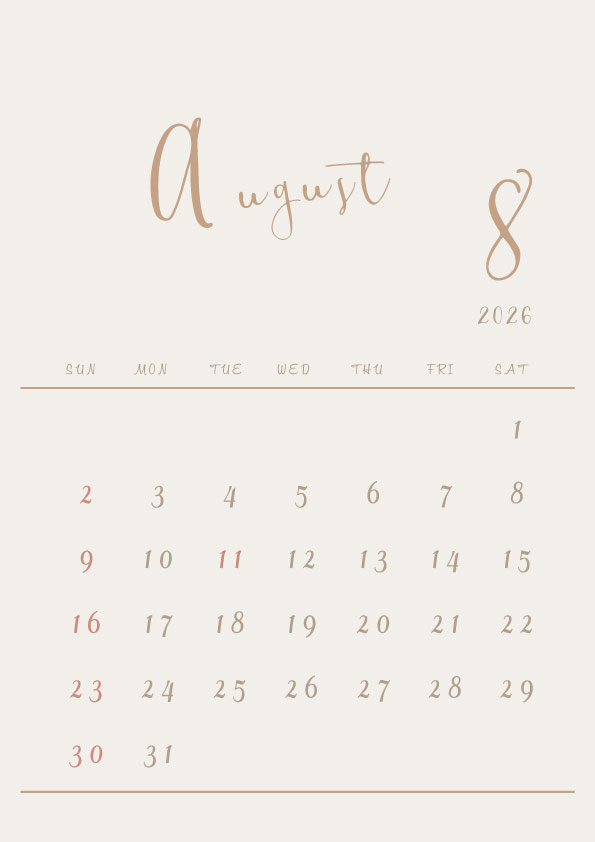 2026年令和8年シンプルでおしゃれなカレンダー年間カレンダー
