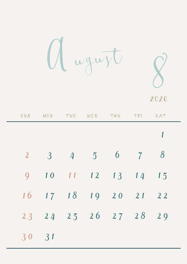 2026年令和8年シンプルでおしゃれなカレンダー年間カレンダー