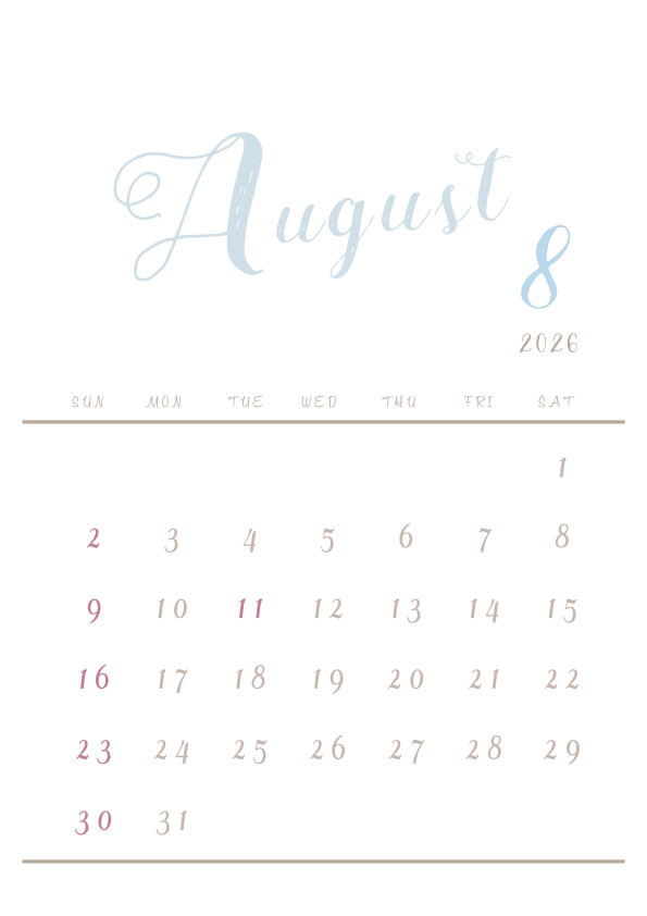 2026年令和8年シンプルでおしゃれなカレンダー年間カレンダー