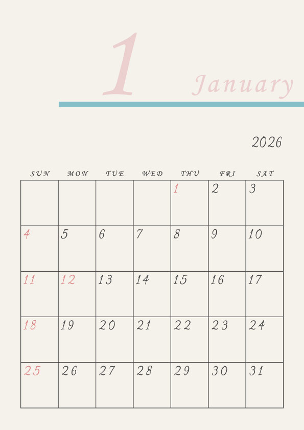 2026年令和8年シンプルでおしゃれなカレンダー年間カレンダー