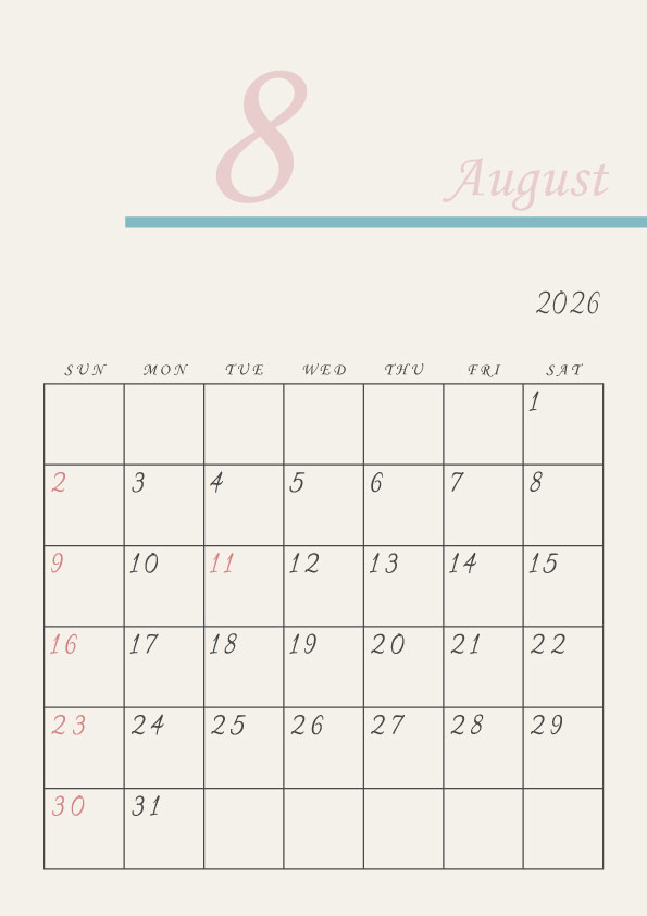 2026年令和8年シンプルでおしゃれなカレンダー年間カレンダー