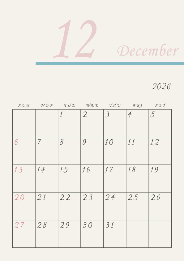 2026年令和8年シンプルでおしゃれなカレンダー年間カレンダー