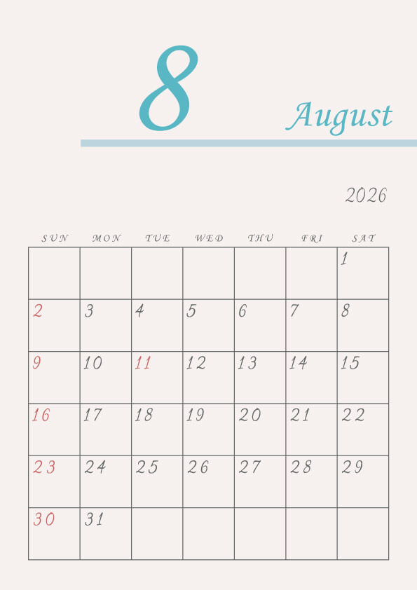 2026年令和8年年間カレンダーシンプルでおしゃれなカレンダー