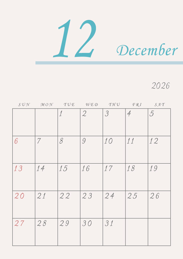 2026年令和8年年間カレンダーシンプルでおしゃれなカレンダー