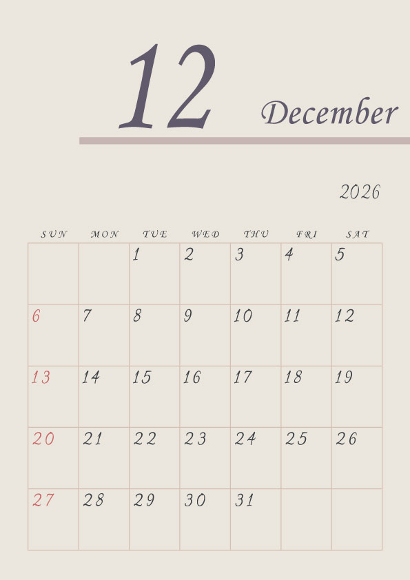 2026年令和8年年間カレンダーシンプルでおしゃれなカレンダー