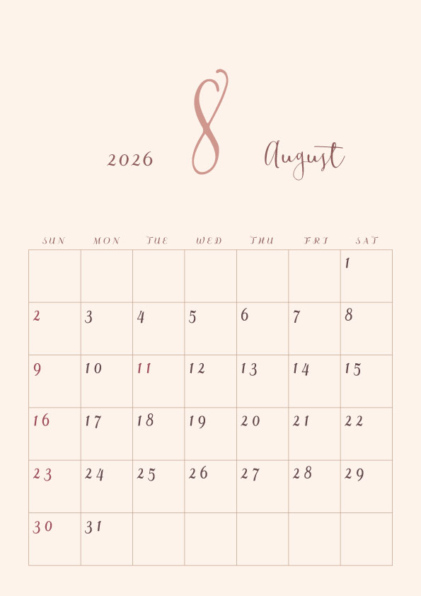 2026年令和8年年間カレンダーシンプルでおしゃれなカレンダー