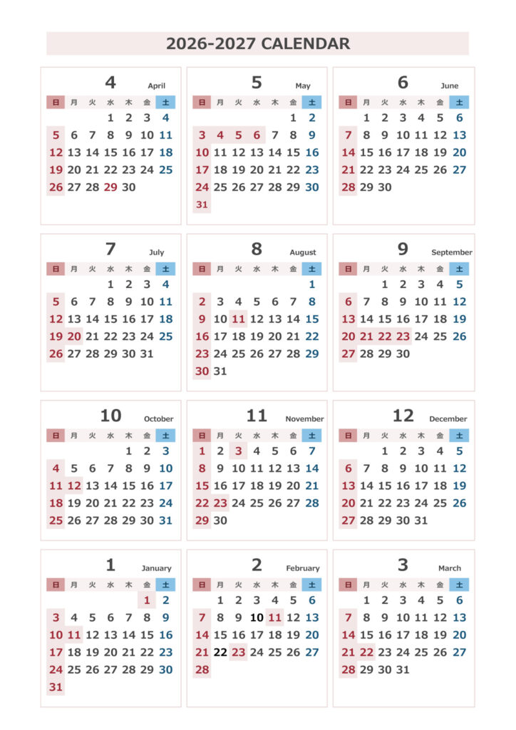 2026年（令和8年）PDFエクセル年間カレンダー4月始まり05