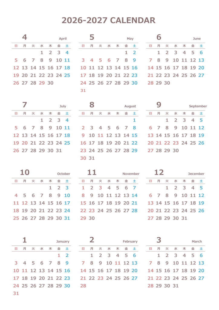 2026年（令和8年）PDF年間カレンダー4月始まり06